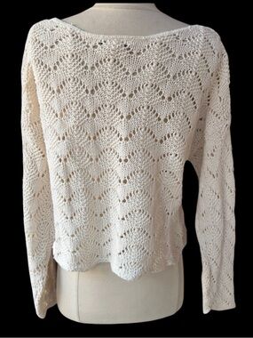 Late 1970s/80s Objects Dart Oversized 100% Cotton Off White Open-Knit Crop Sweat
